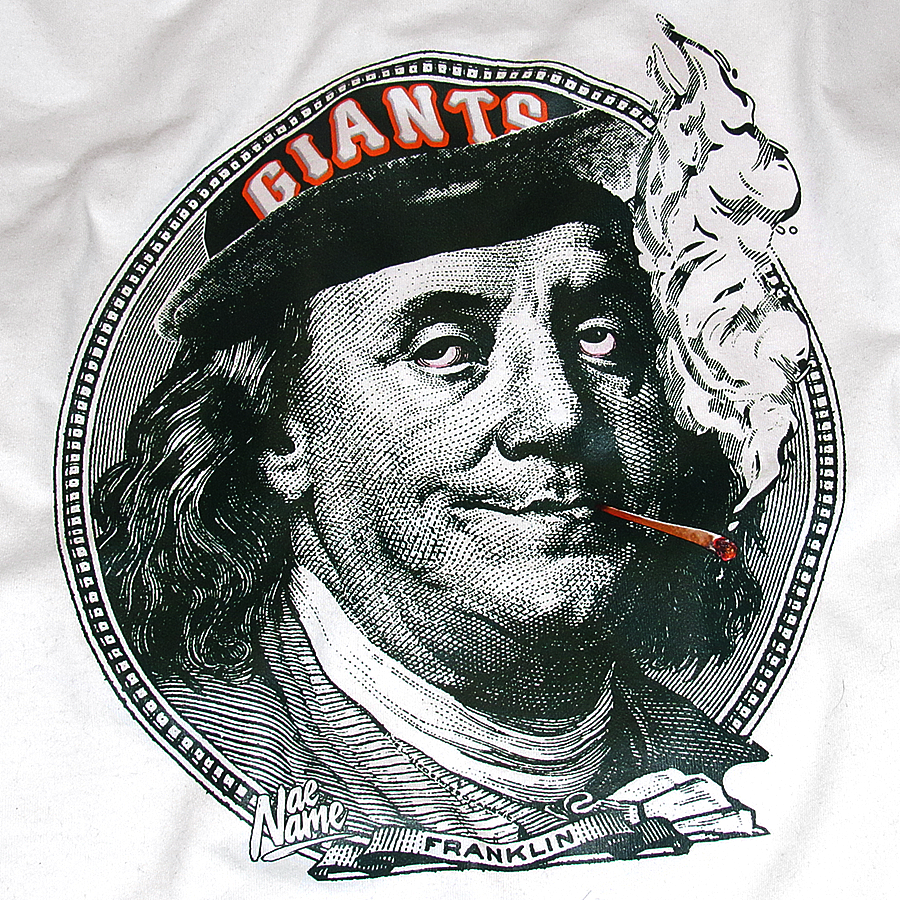 Ben Franklin SF Giants Smoking graphic t-shirt front view printed on 100% organic cotton. NaeName Apparel made in Glasgow. San Francisco t-shirt.