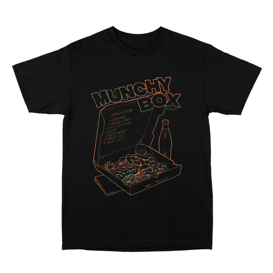 Best Munchy Box Glasgow graphic t-shirt orange on black printed on 100% organic cotton. NaeName Apparel made in Glasgow. Scotland t-shirts.