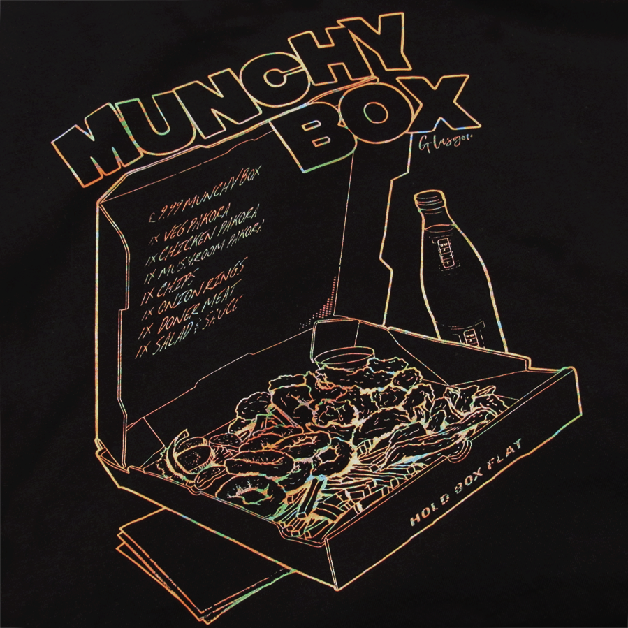 Best Munchy Box Glasgow graphic t-shirt orange on black printed on 100% organic cotton. NaeName Apparel made in Glasgow. Scotland t-shirts.