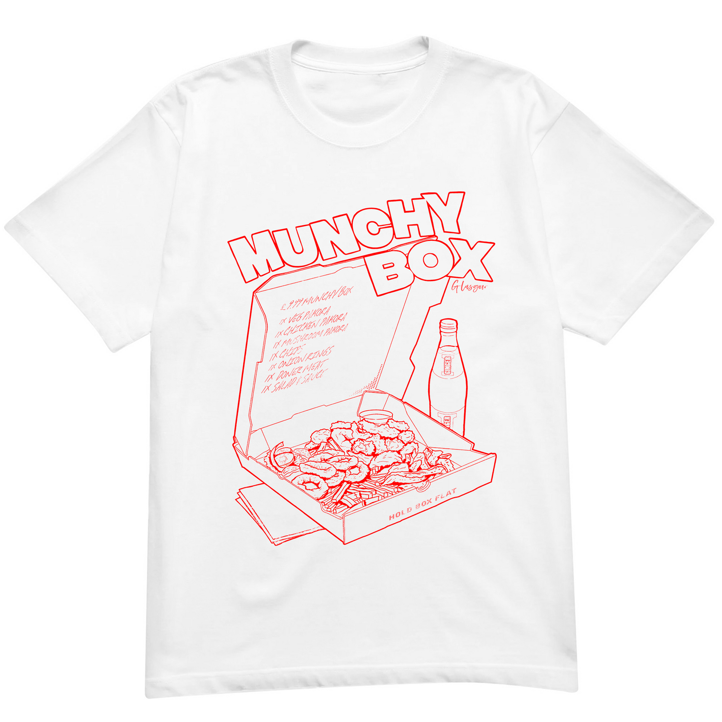Best Munchy Box Glasgow graphic t-shirt red on white printed on 100% organic cotton. NaeName Apparel made in Glasgow. Scotland t-shirts.