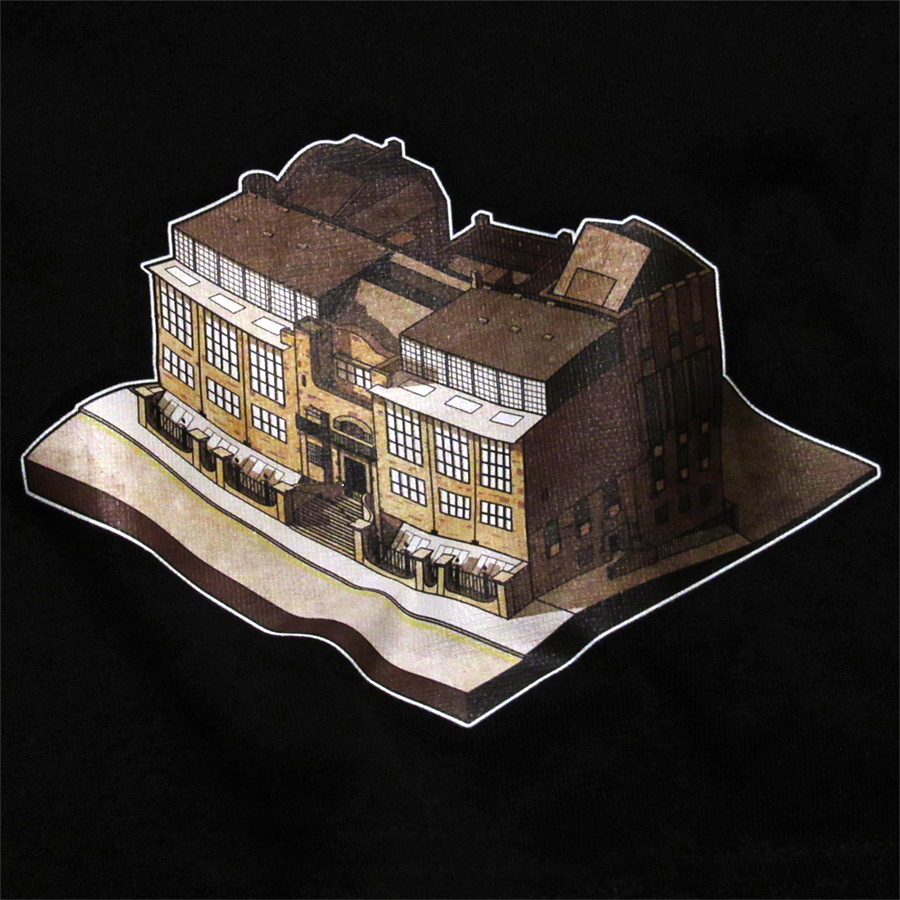 Glasgow School of Art isometric graphic t‑shirt black printed on 100% organic cotton. NaeName Apparel made in Glasgow. Scotland t-shirts.
