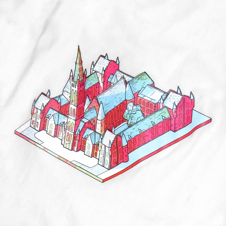 University of Glasgow isometric graphic t‑shirt front view printed on 100% organic cotton. NaeName Apparel made in Glasgow. Scotland t-shirts.
