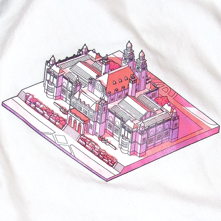 Kelvingrove Art Gallery isometric graphic t‑shirt on white pink design printed on 100% organic cotton. NaeName Apparel made in Glasgow. Scotland t-shirts.