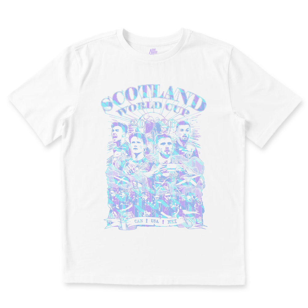 NaeName Scotland World Cup 2026 distressed design. DTF printed onto premium heavyweight cotton T-shirt. Made in Glasgow. Scotland t-shirts.