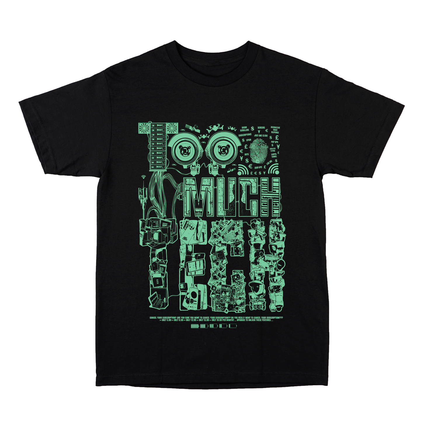 Too Much Tech black graphic t-shirt front view printed on 100% organic cotton. NaeName Apparel made in Glasgow