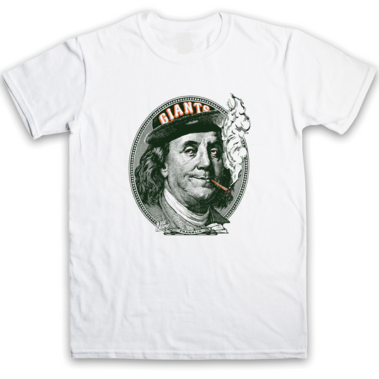 Ben Franklin SF Giants Smoking graphic t-shirt front view printed on 100% organic cotton. NaeName Apparel made in Glasgow. San Francisco t-shirt.