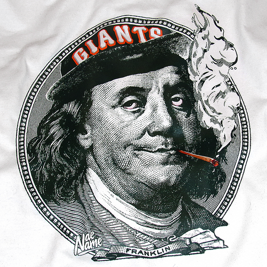 Ben Franklin SF Giants Smoking graphic t-shirt front view printed on 100% organic cotton. NaeName Apparel made in Glasgow. San Francisco t-shirt.
