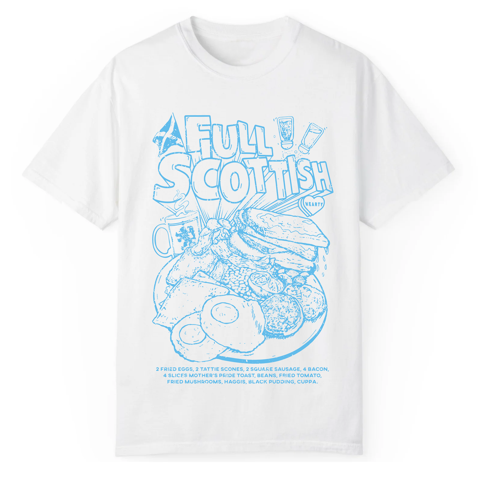 NaeName Best Full Scottish breakfast distressed design. DTF printed onto premium heavyweight cotton T-shirt. Made in Glasgow. Scotland t-shirts.