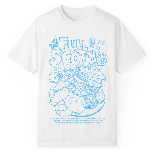 NaeName Best Full Scottish breakfast distressed design. DTF printed onto premium heavyweight cotton T-shirt. Made in Glasgow. Scotland t-shirts.
