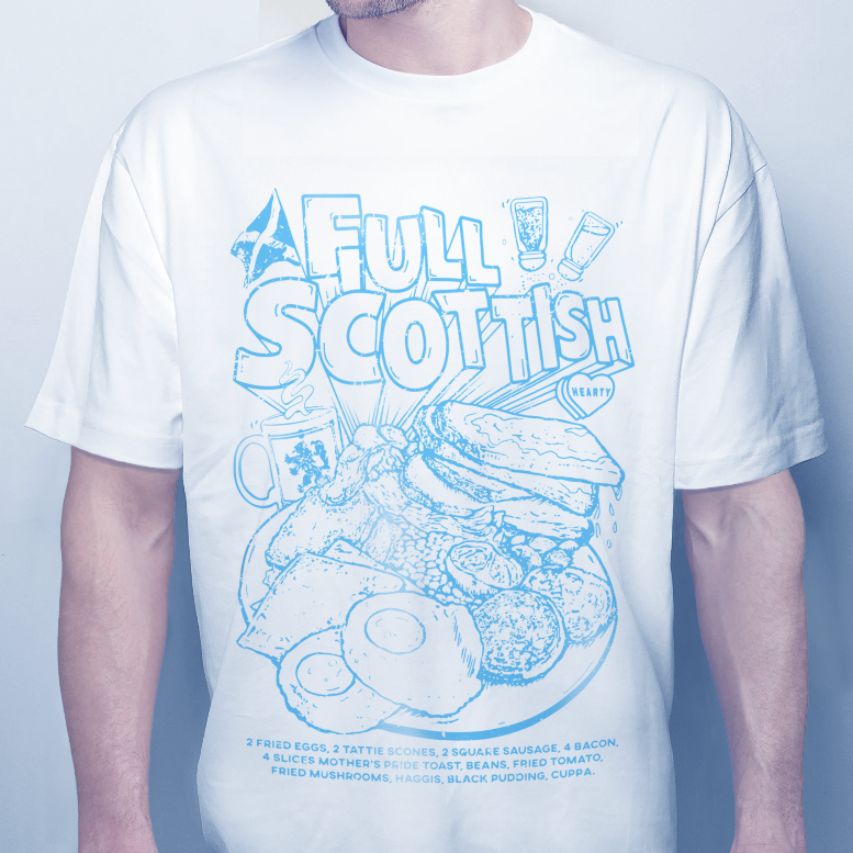 NaeName Best Full Scottish breakfast distressed design. DTF printed onto premium heavyweight cotton T-shirt. Made in Glasgow. Scotland t-shirts.