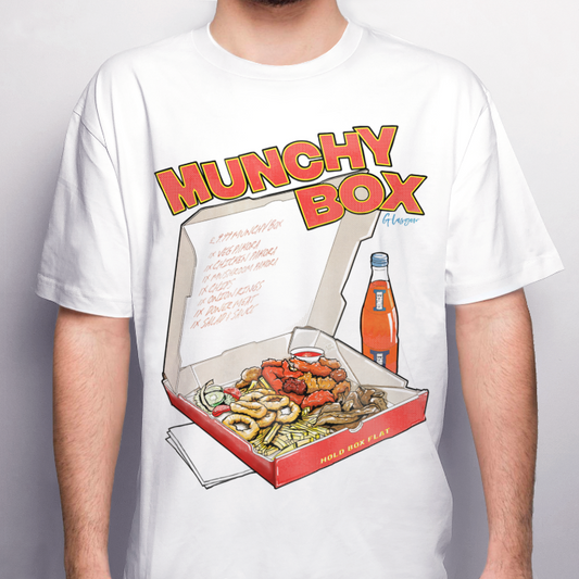 Best Munchy Box Glasgow graphic t-shirt front view printed on 100% organic cotton. NaeName Apparel made in Glasgow. Scotland t-shirts.