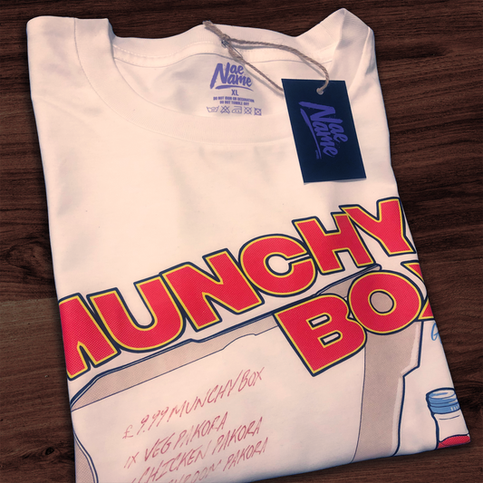 Best Munchy Box Glasgow graphic t-shirt front view printed on 100% organic cotton. NaeName Apparel made in Glasgow. Scotland t-shirts.