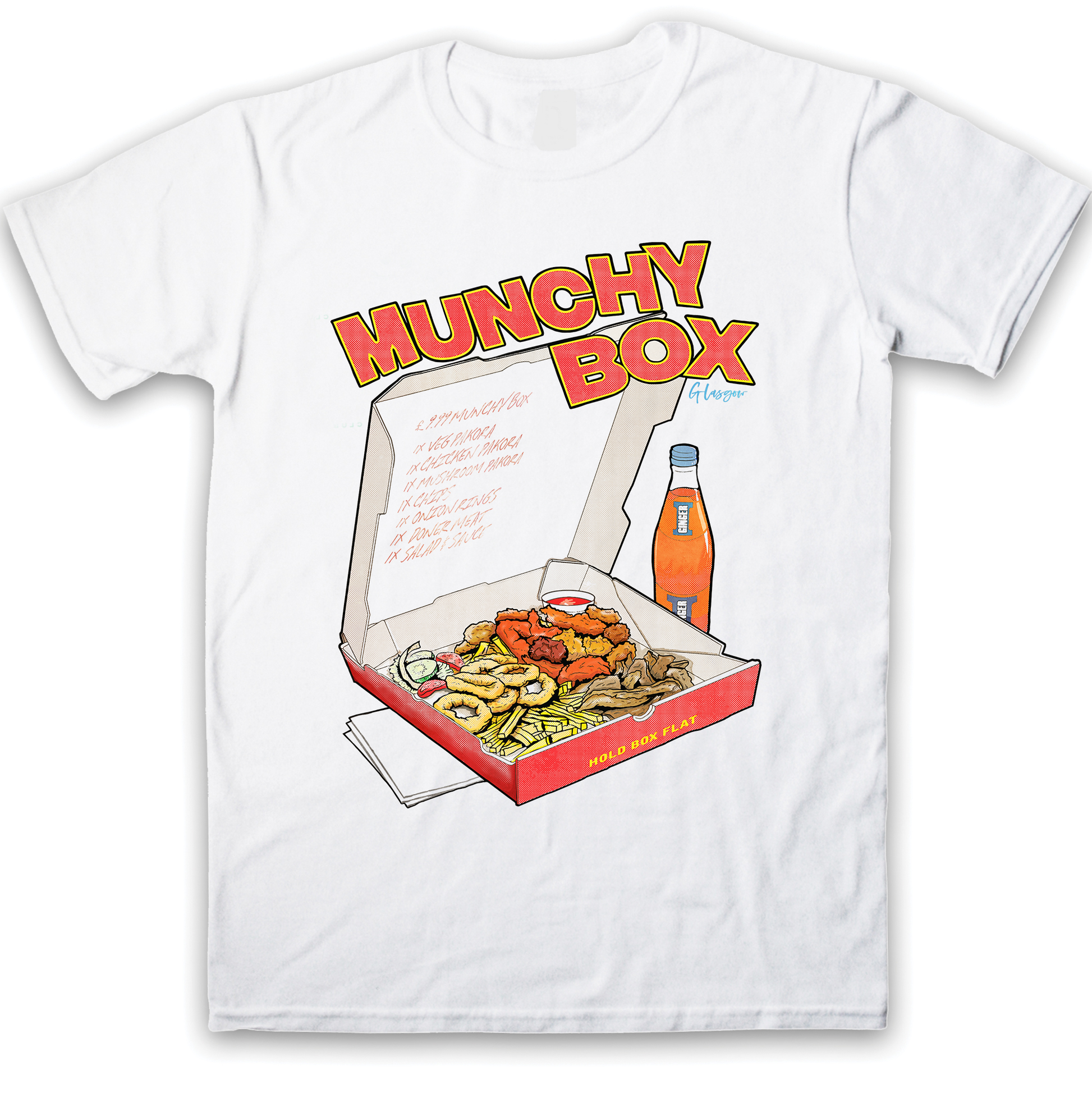 Best Munchy Box Glasgow graphic t-shirt front view printed on 100% organic cotton. NaeName Apparel made in Glasgow. Scotland t-shirts.