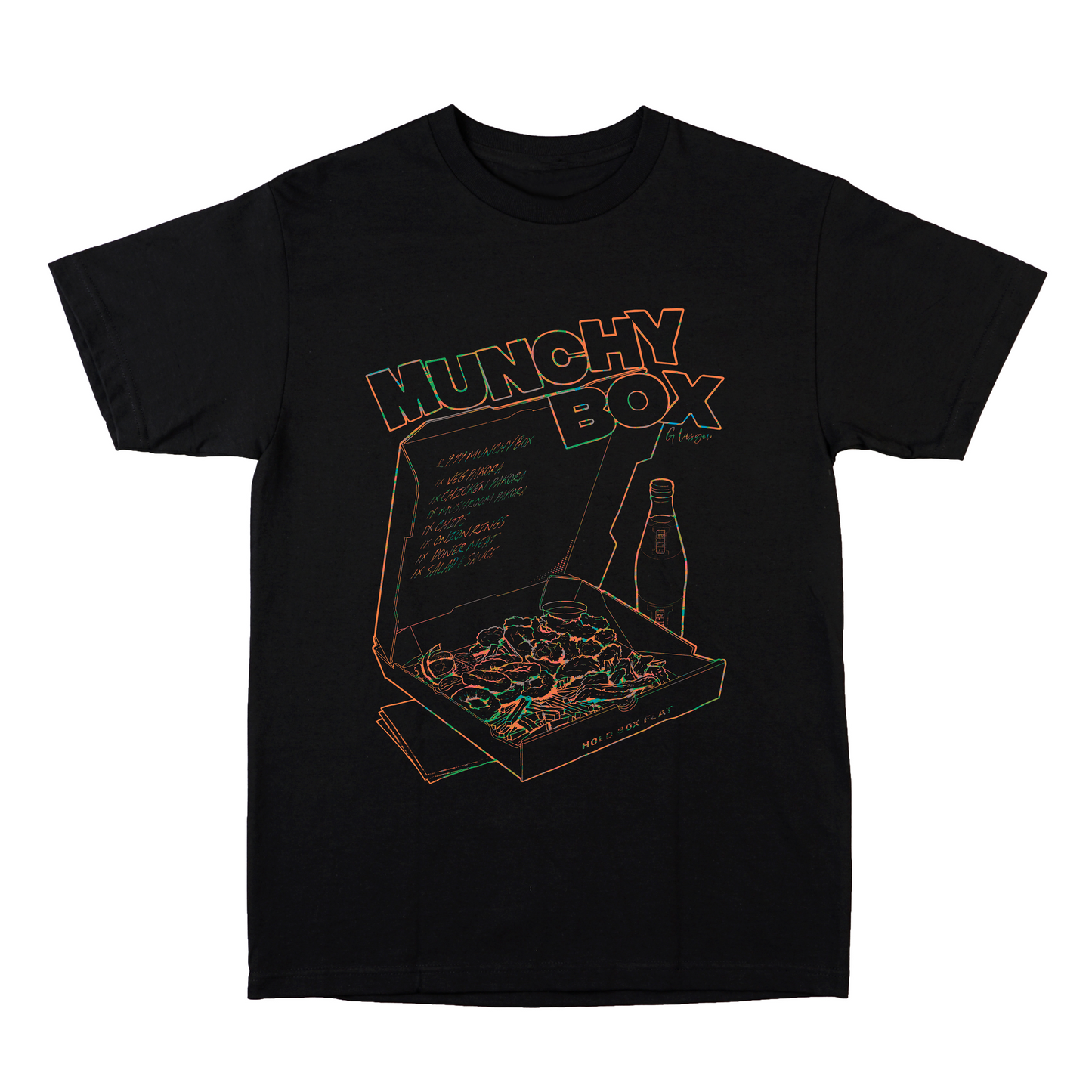 Best Munchy Box Glasgow graphic t-shirt orange on black printed on 100% organic cotton. NaeName Apparel made in Glasgow. Scotland t-shirts.