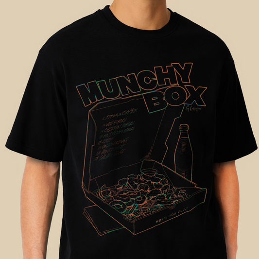 Best Munchy Box Glasgow graphic t-shirt orange on black printed on 100% organic cotton. NaeName Apparel made in Glasgow. Scotland t-shirts.