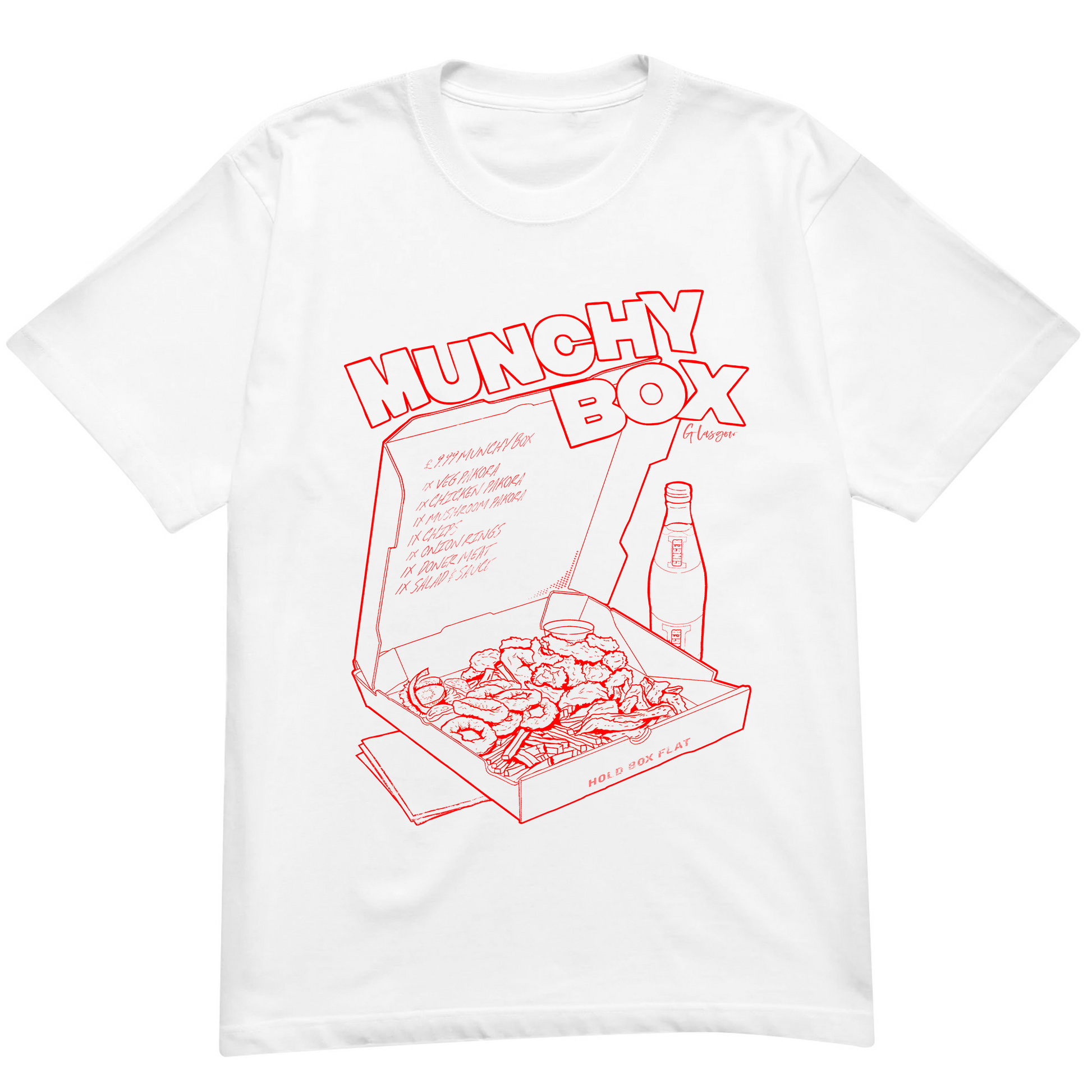 Best Munchy Box Glasgow graphic t-shirt red on white printed on 100% organic cotton. NaeName Apparel made in Glasgow. Scotland t-shirts.