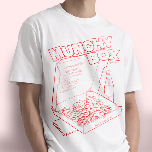 Best Munchy Box Glasgow graphic t-shirt red on white printed on 100% organic cotton. NaeName Apparel made in Glasgow. Scotland t-shirts.