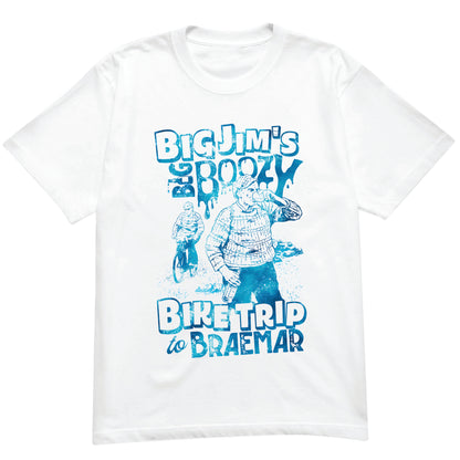 Big Jim's Boozy Bike Trip graphic t‑shirt printed on 100% organic cotton. NaeName Apparel made in Glasgow. Scottish t-shirt.