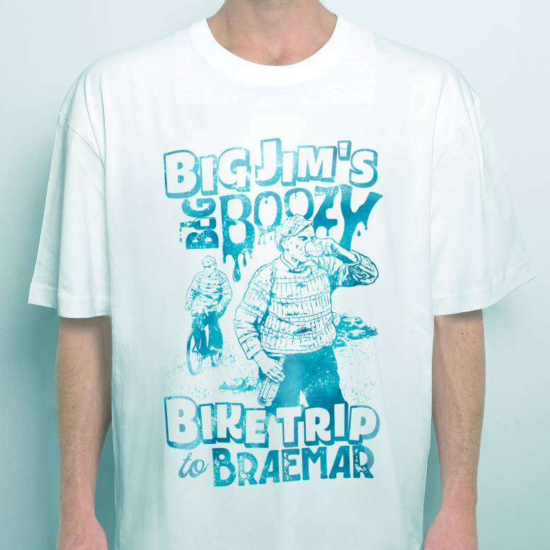 Big Jim's Boozy Bike Trip graphic t‑shirt printed on 100% organic cotton. NaeName Apparel made in Glasgow. Scottish t-shirt.