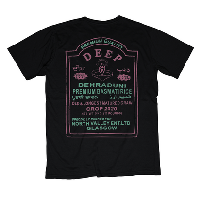 Deep Dehraduni basmati rice long grain rice graphic t-shirt pink on black printed on 100% organic cotton. NaeName Apparel made in Glasgow