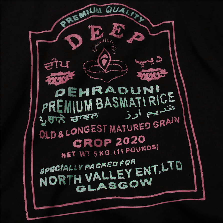 Deep Dehraduni basmati rice long grain rice graphic t-shirt pink on black printed on 100% organic cotton. NaeName Apparel made in Glasgow