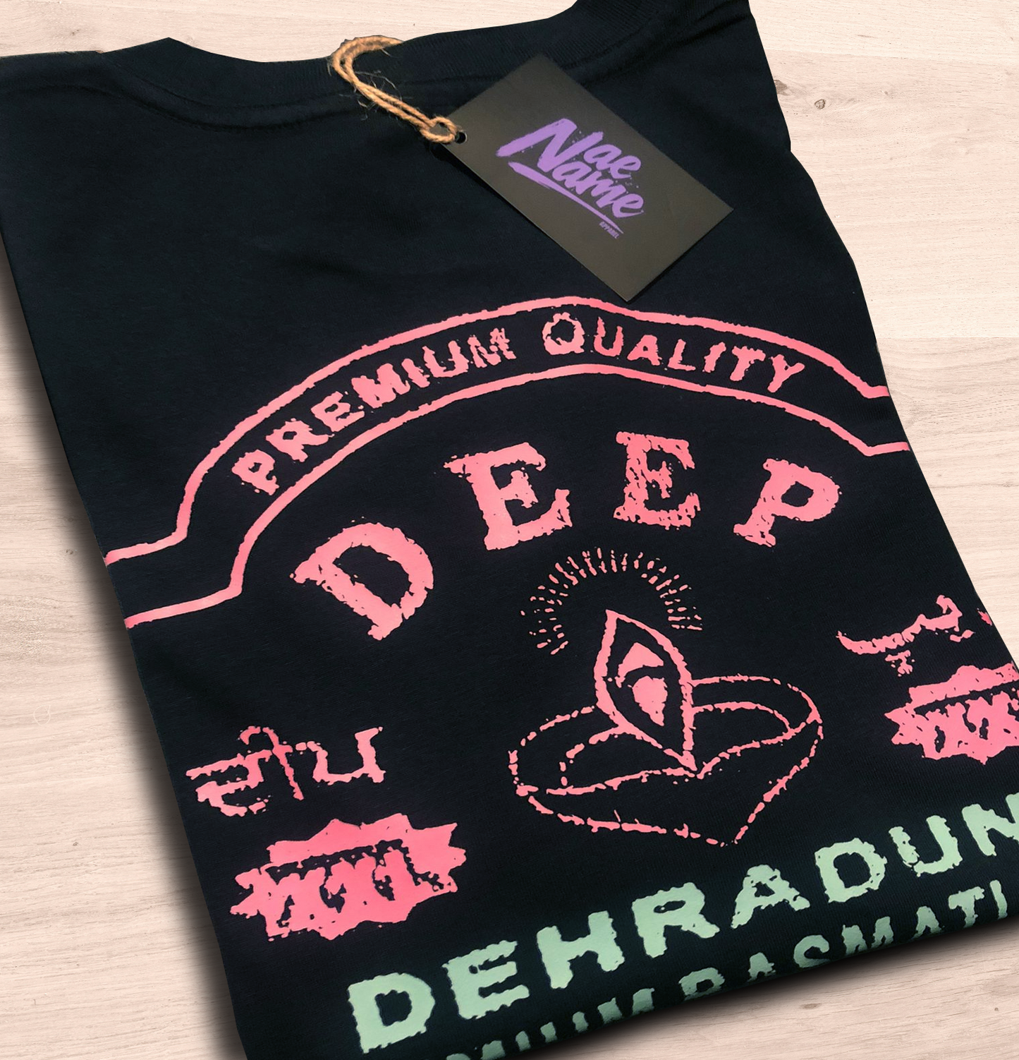 Deep Dehraduni basmati rice long grain rice graphic t-shirt pink on black printed on 100% organic cotton. NaeName Apparel made in Glasgow