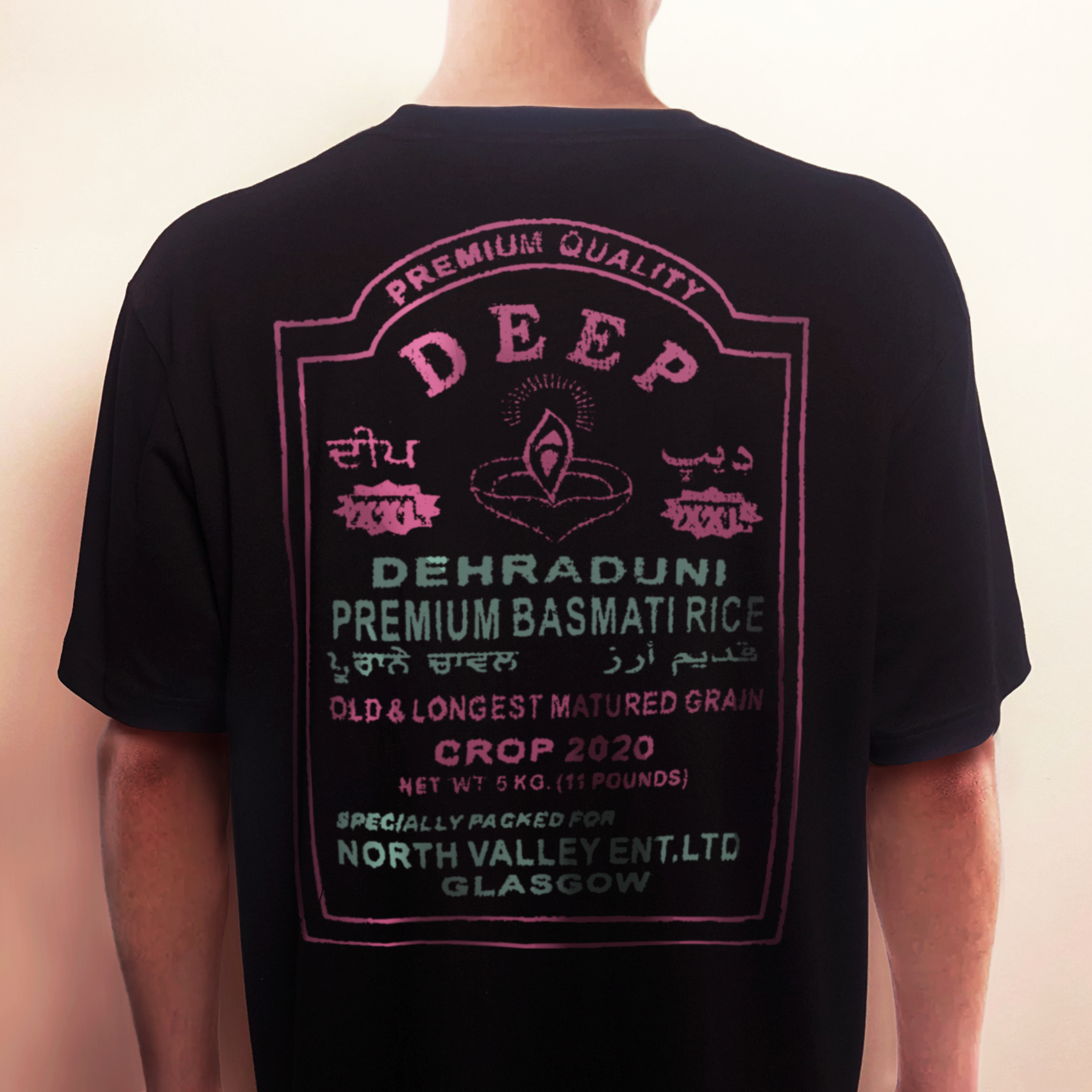 Deep Dehraduni basmati rice long grain rice graphic t-shirt pink on black printed on 100% organic cotton. NaeName Apparel made in Glasgow