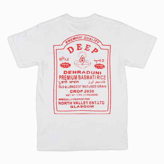 Deep Dehraduni basmati rice long grain rice graphic t-shirt red on white printed on 100% organic cotton. NaeName Apparel made in Glasgow