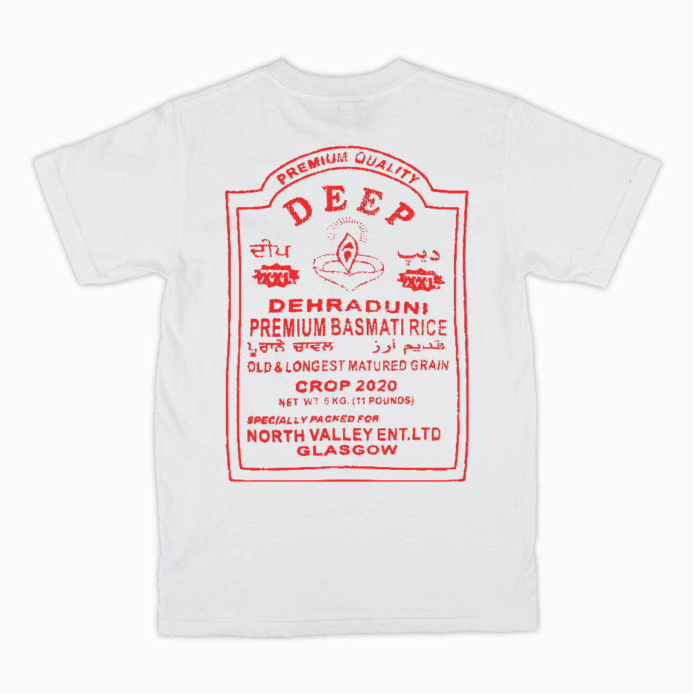 Deep Dehraduni basmati rice long grain rice graphic t-shirt red on white printed on 100% organic cotton. NaeName Apparel made in Glasgow