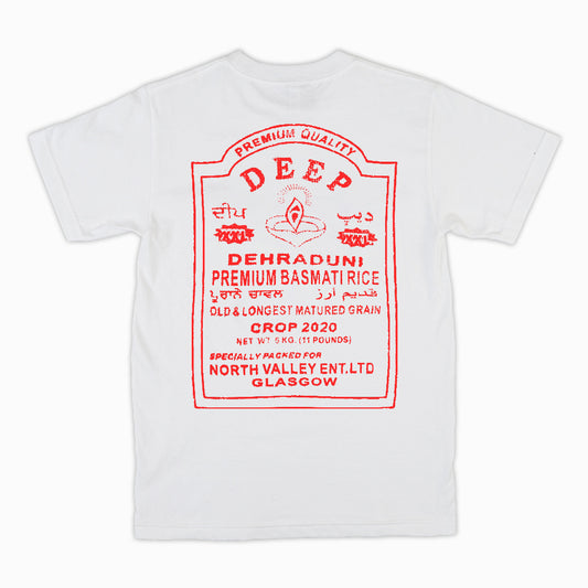 Deep Dehraduni basmati rice long grain rice graphic t-shirt red on white printed on 100% organic cotton. NaeName Apparel made in Glasgow