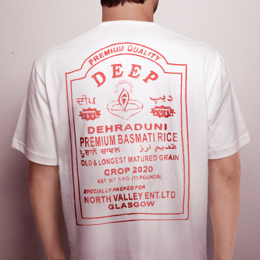 Deep Dehraduni basmati rice long grain rice graphic t-shirt red on white printed on 100% organic cotton. NaeName Apparel made in Glasgow