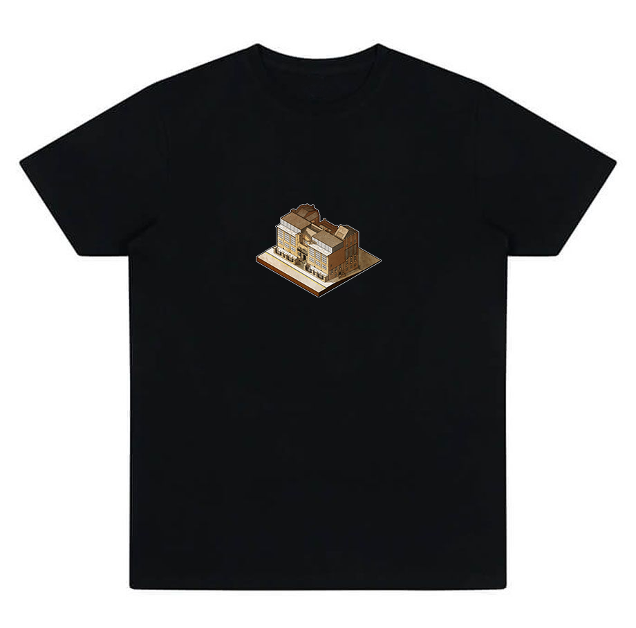 Glasgow School of Art isometric graphic t‑shirt black printed on 100% organic cotton. NaeName Apparel made in Glasgow. Scotland t-shirts.