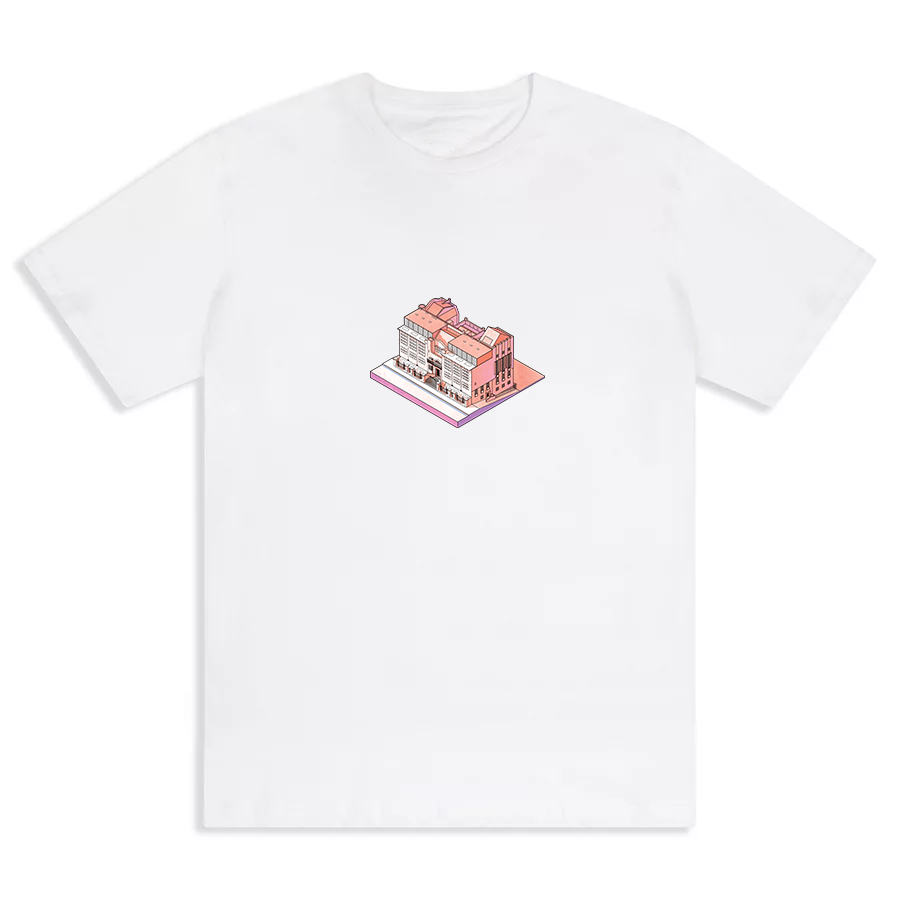 Glasgow School of Art isometric graphic t‑shirt peach on white printed on 100% organic cotton. NaeName Apparel made in Glasgow. Scotland t-shirts.