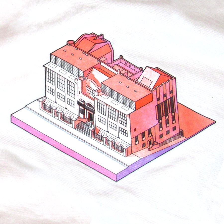 Glasgow School of Art isometric graphic t‑shirt peach on white printed on 100% organic cotton. NaeName Apparel made in Glasgow. Scotland t-shirts.