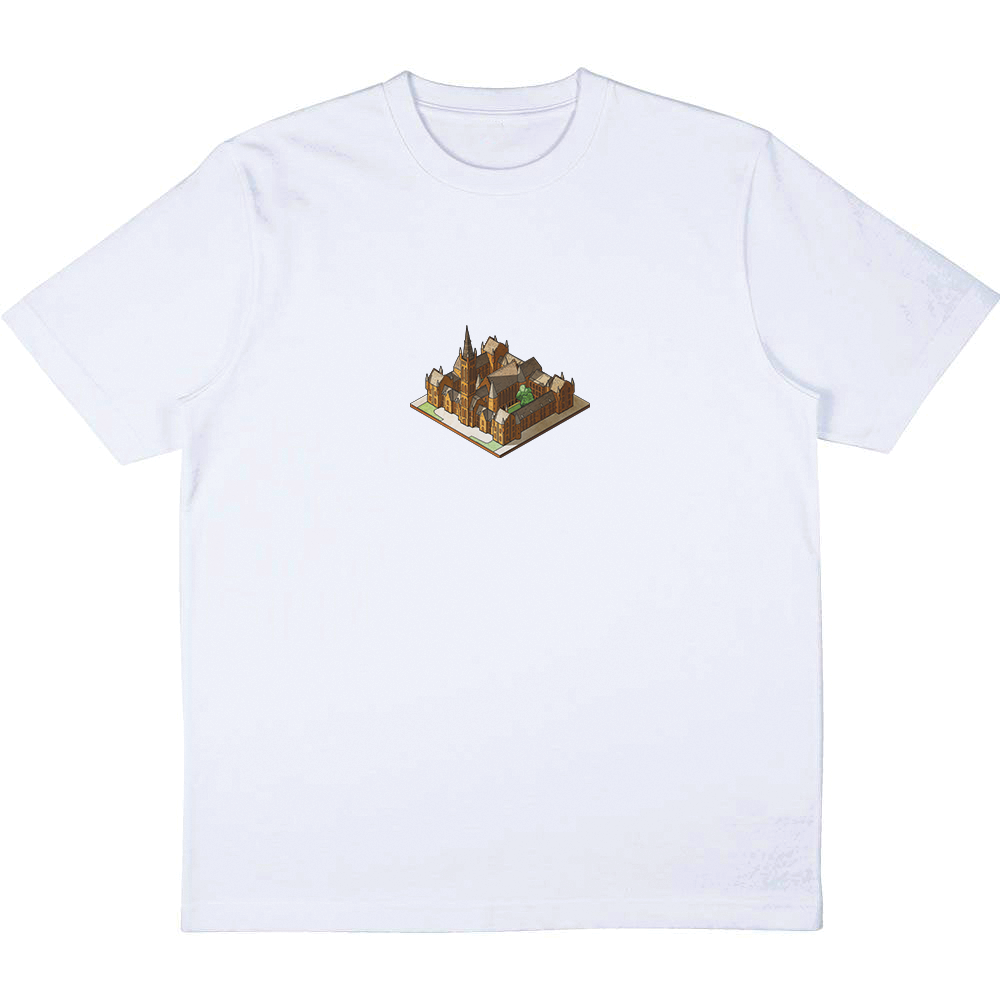 University of Glasgow isometric graphic t‑shirt front view printed on 100% organic cotton. NaeName Apparel made in Glasgow. Scotland t-shirts.