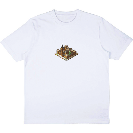 University of Glasgow isometric graphic t‑shirt front view printed on 100% organic cotton. NaeName Apparel made in Glasgow. Scotland t-shirts.