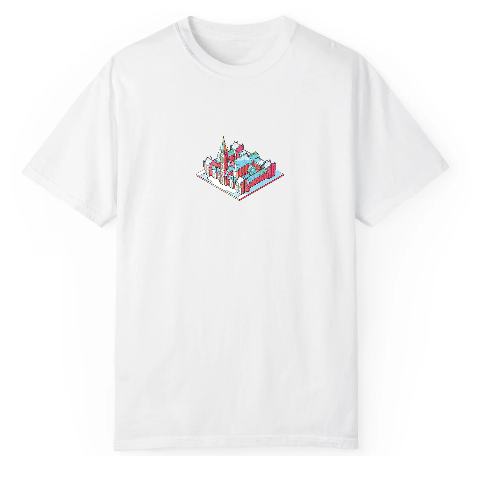 University of Glasgow isometric graphic t‑shirt front view printed on 100% organic cotton. NaeName Apparel made in Glasgow. Scotland t-shirts.