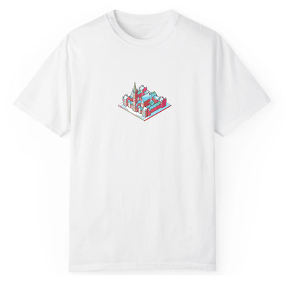 University of Glasgow isometric graphic t‑shirt front view printed on 100% organic cotton. NaeName Apparel made in Glasgow. Scotland t-shirts.