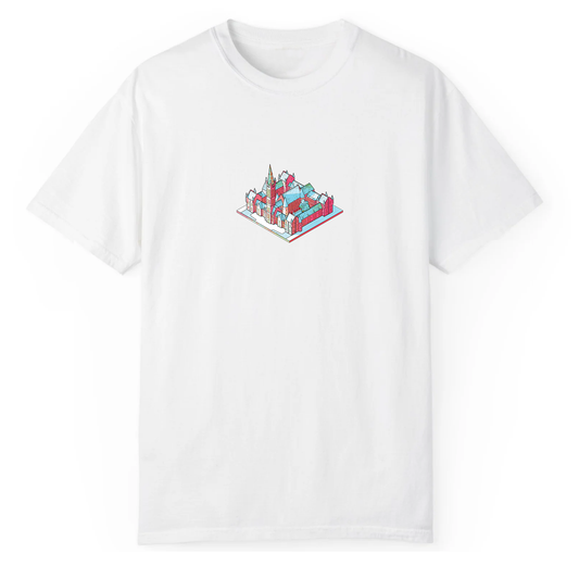 University of Glasgow isometric graphic t‑shirt front view printed on 100% organic cotton. NaeName Apparel made in Glasgow. Scotland t-shirts.