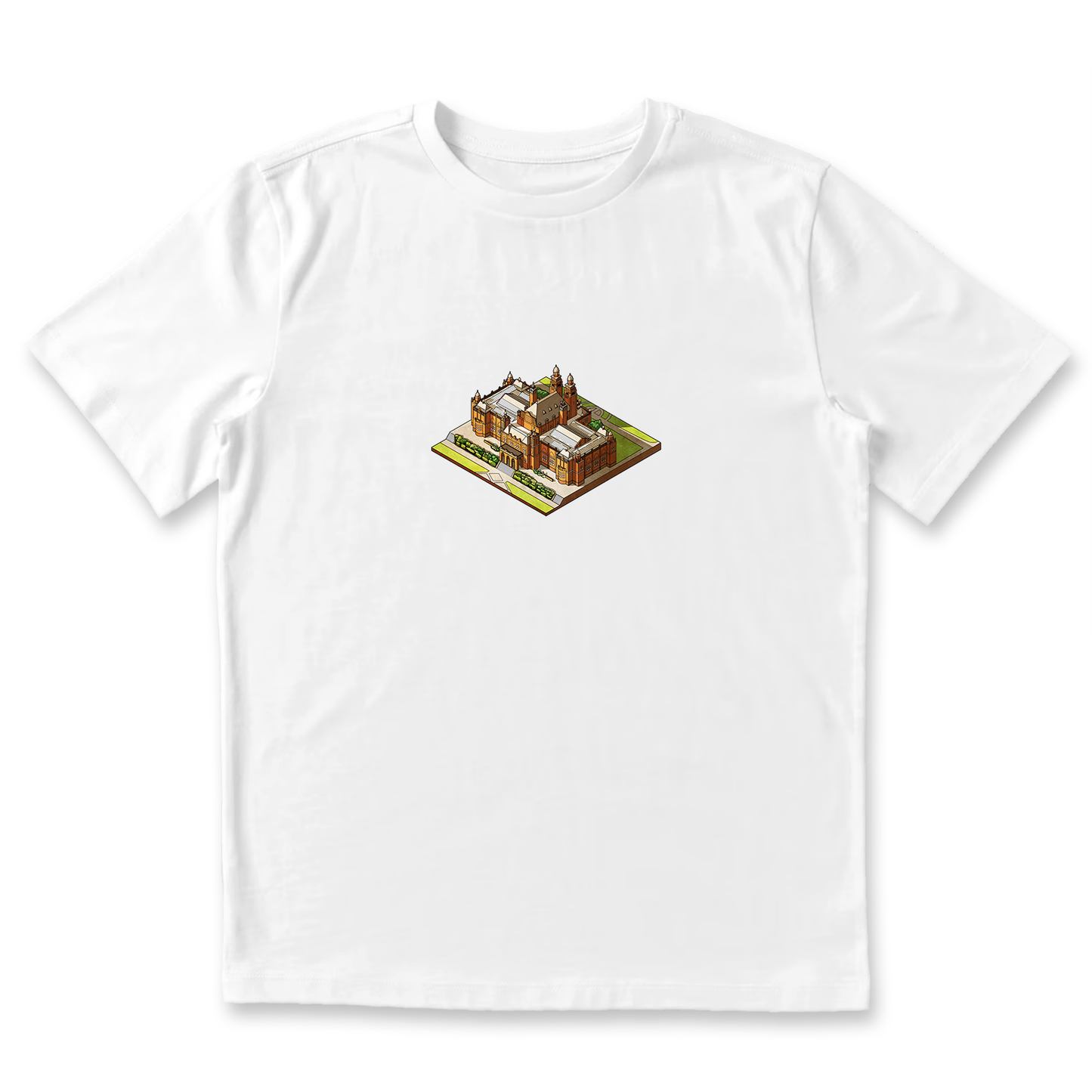 Kelvingrove Art Gallery isometric graphic t‑shirt original on white printed on 100% organic cotton. NaeName Apparel made in Glasgow. Scotland t-shirts.