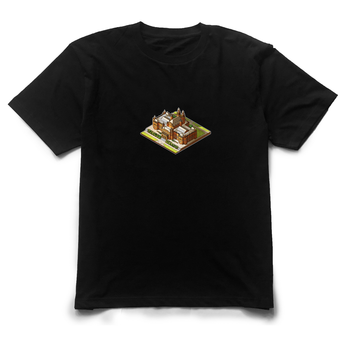Kelvingrove Art Gallery isometric graphic t‑shirt original on black printed on 100% organic cotton. NaeName Apparel made in Glasgow. Scotland t-shirts.