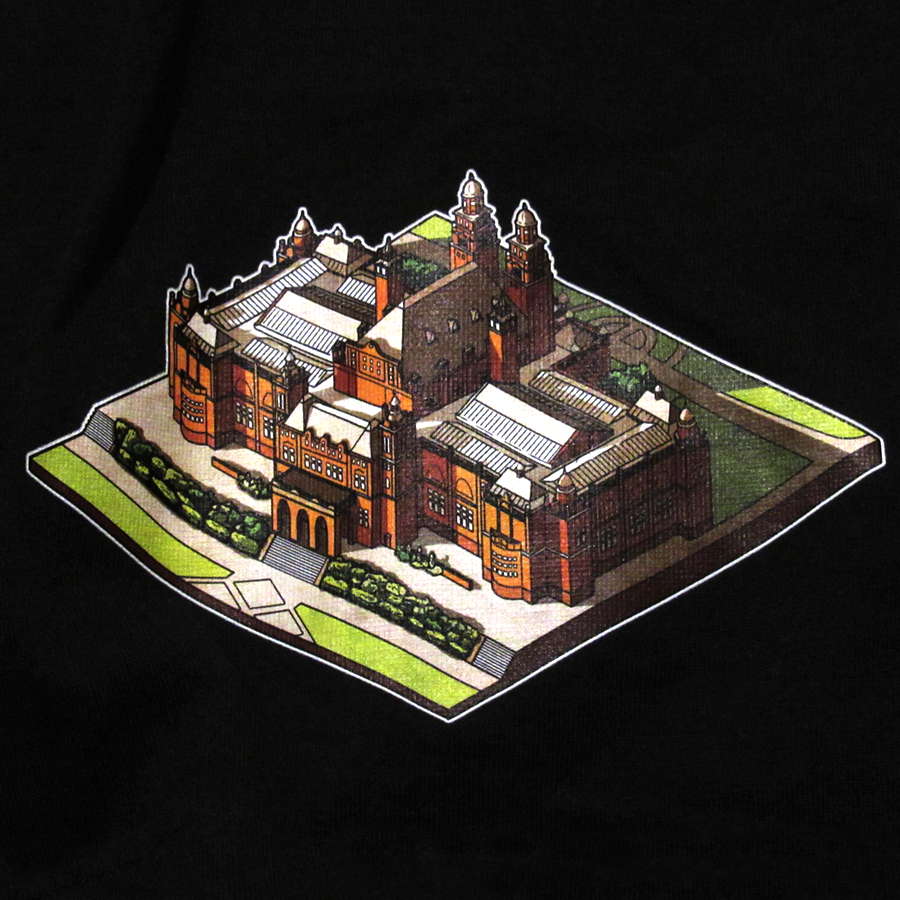 Kelvingrove Art Gallery isometric graphic t‑shirt original on black printed on 100% organic cotton. NaeName Apparel made in Glasgow. Scotland t-shirts.