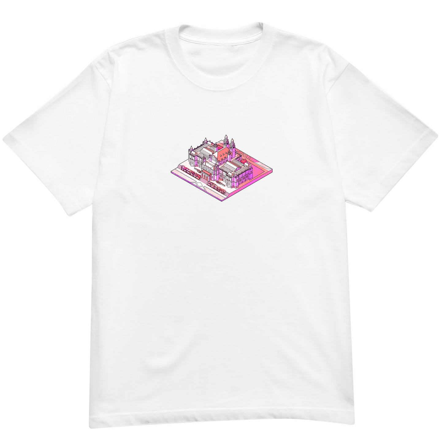 Kelvingrove Art Gallery isometric graphic t‑shirt on white pink design printed on 100% organic cotton. NaeName Apparel made in Glasgow. Scotland t-shirts.