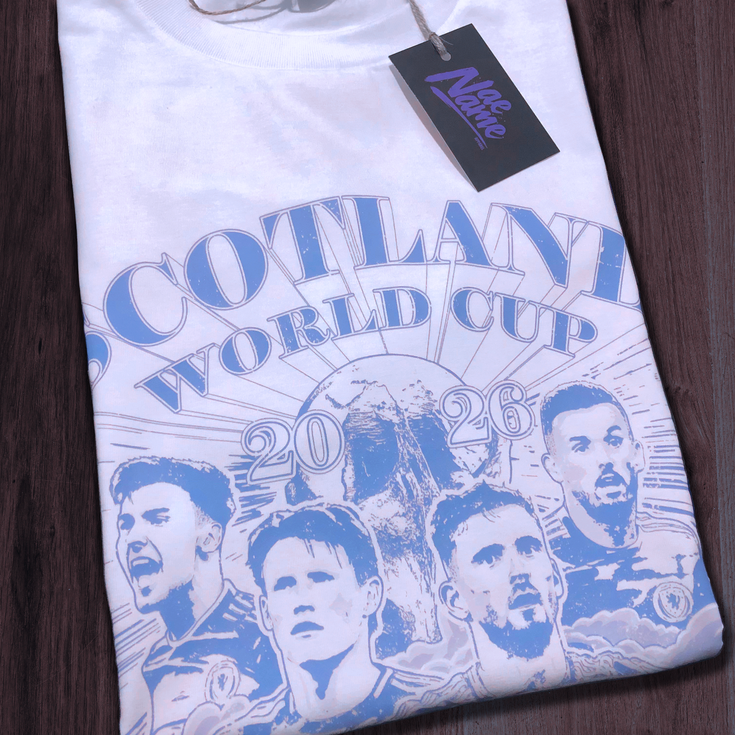 NaeName Scotland World Cup 2026 distressed design. DTF printed onto premium heavyweight cotton T-shirt. Made in Glasgow. Scotland t-shirts.