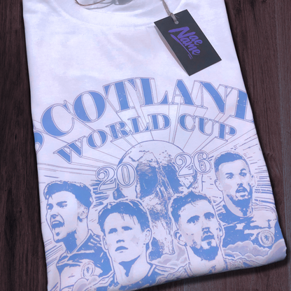 NaeName Scotland World Cup 2026 distressed design. DTF printed onto premium heavyweight cotton T-shirt. Made in Glasgow. Scotland t-shirts.