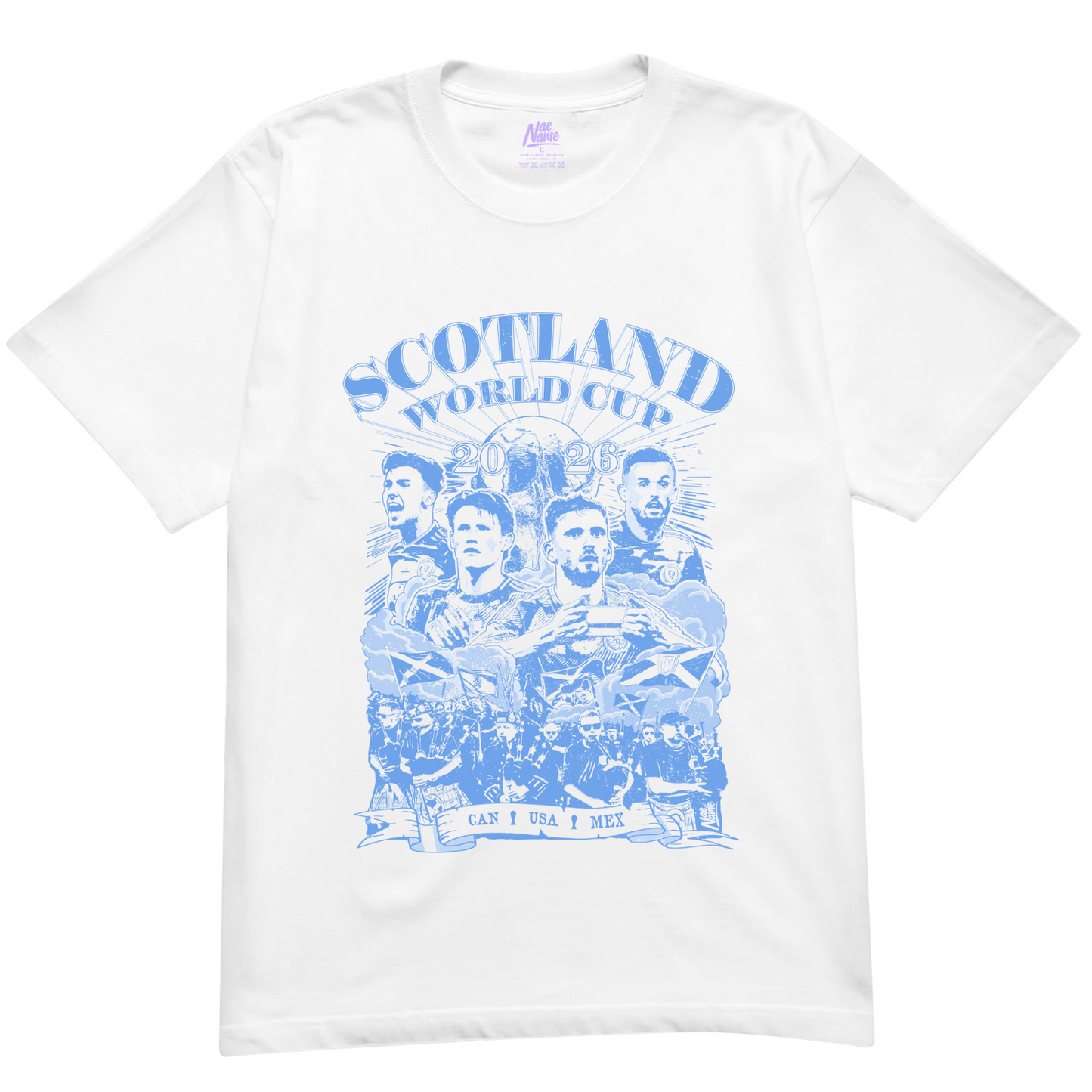 NaeName Scotland World Cup 2026 distressed design. DTF printed onto premium heavyweight cotton T-shirt. Made in Glasgow. Scotland t-shirts.