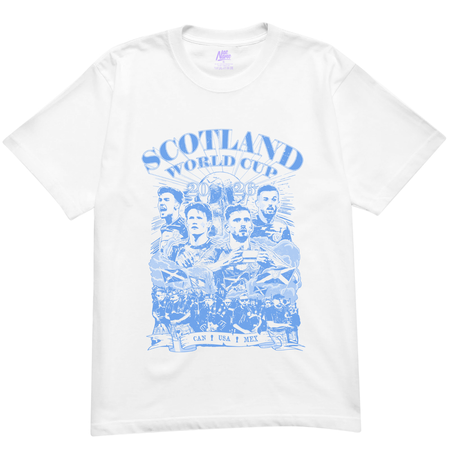 NaeName Scotland World Cup 2026 distressed design. DTF printed onto premium heavyweight cotton T-shirt. Made in Glasgow. Scotland t-shirts.