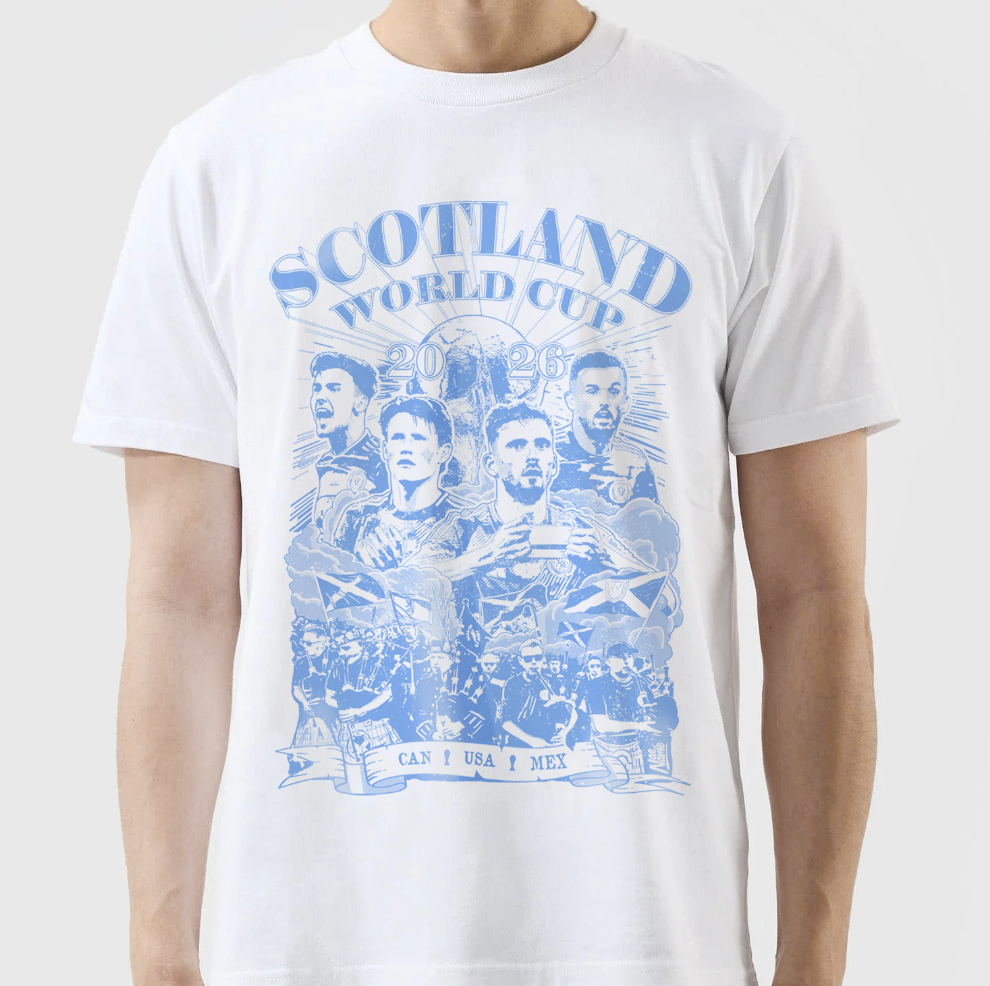 NaeName Scotland World Cup 2026 distressed design. DTF printed onto premium heavyweight cotton T-shirt. Made in Glasgow. Scotland t-shirts.
