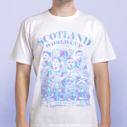 NaeName Scotland World Cup 2026 distressed design. DTF printed onto premium heavyweight cotton T-shirt. Made in Glasgow. Scotland t-shirts.