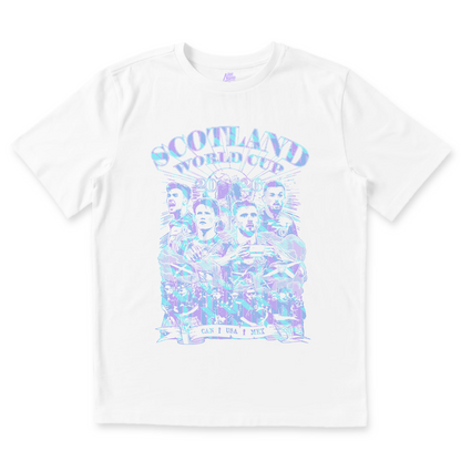 NaeName Scotland World Cup 2026 distressed design. DTF printed onto premium heavyweight cotton T-shirt. Made in Glasgow. Scotland t-shirts.